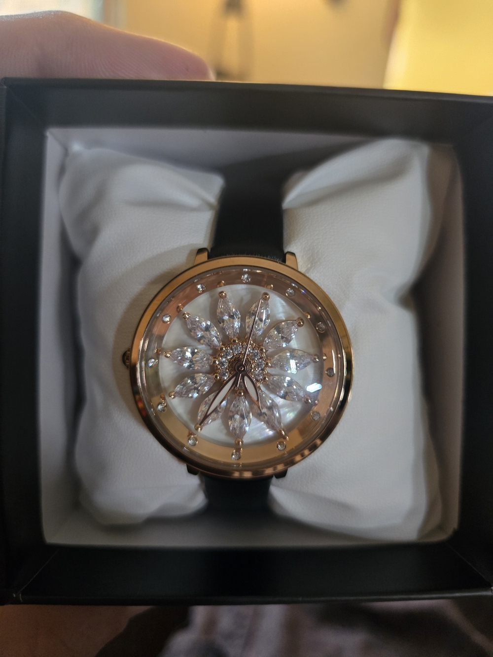 Rose Gold Crystal Floral Dial Women's Watch - Black Strap